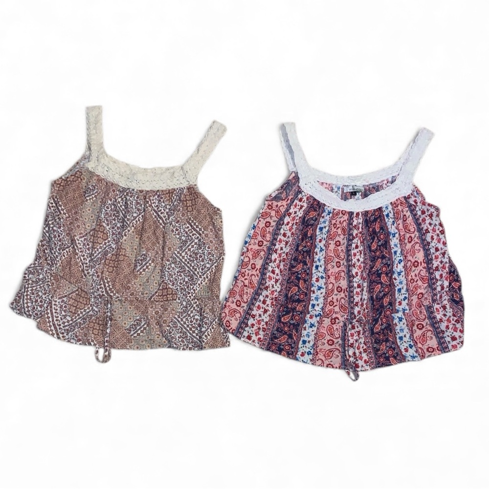Wild Moss Women’s Print Peplum Crochet Trim Tank Top Bundle of 2